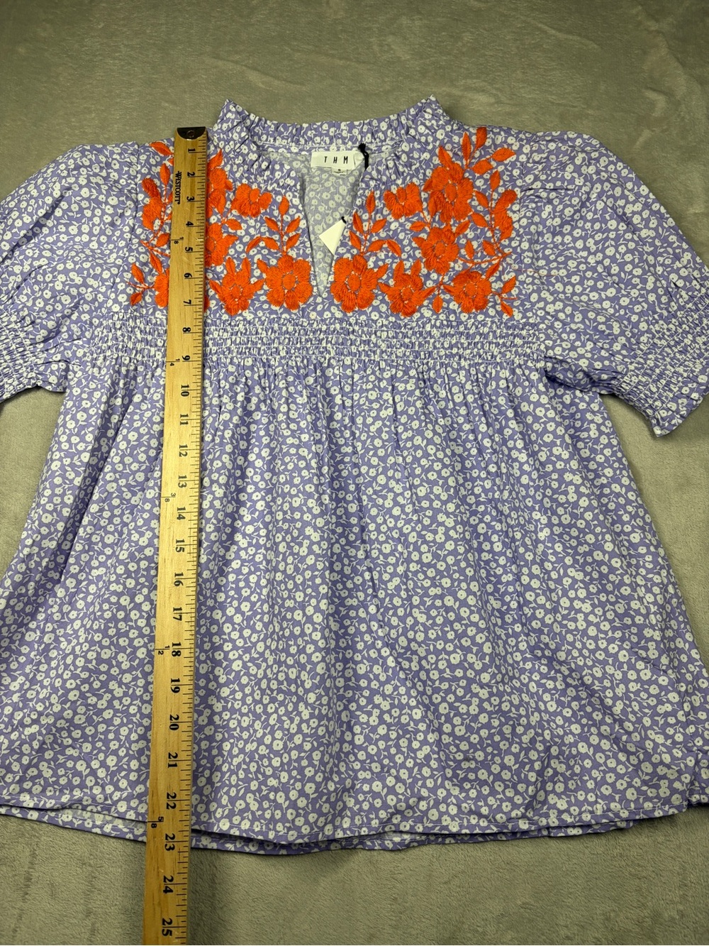 NWT THML Floral Embroidered Purple Orange White Short Puff Sleeve Blouse Small - Picture 5 of 14